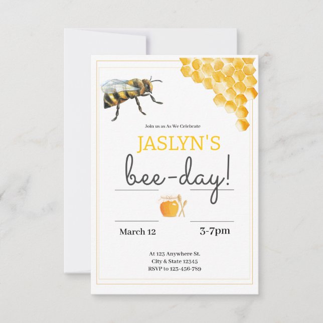 Invitación Moderna de Cumpleaños con Abejas (Anverso)