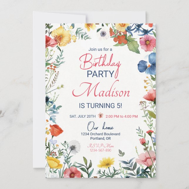 Invitación moderna de cumpleaños de flores silvest (Anverso)