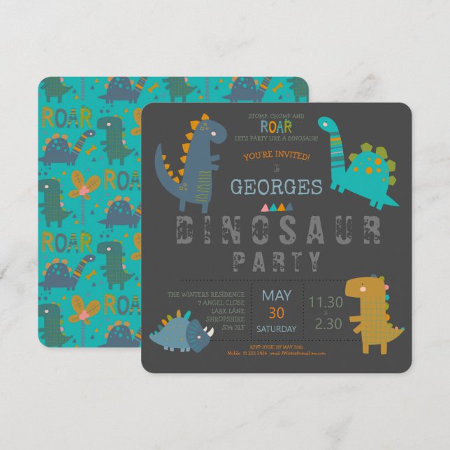 Invitación moderna de cumpleaños lindo de dinosaur (Anverso / Reverso)