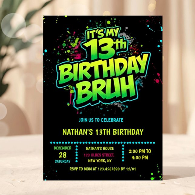 Invitación moderna de cumpleaños número 13 neon pa (Bruh, You In? Neon Arcade Video Games Boy Birthday Invitation)