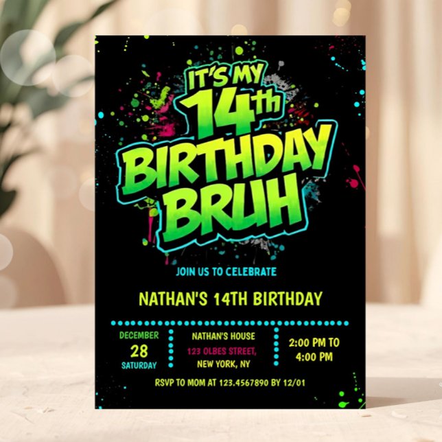 Invitación moderna de cumpleaños número 14 de chic (Bruh, You In? Neon Arcade Video Games Boy Birthday Invitation)