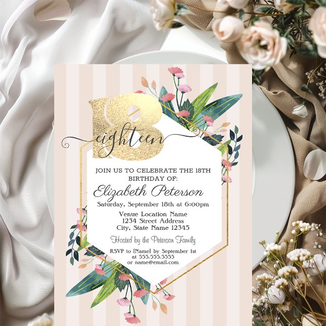 Invitación moderna de cumpleaños número 18 con flo (Subido por el creador)