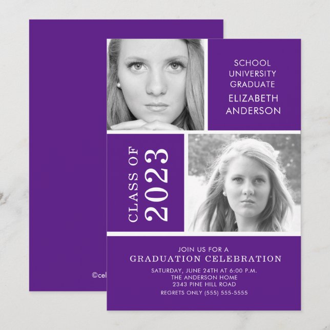 Invitación moderna de dos fotos de graduación púrp (Anverso / Reverso)