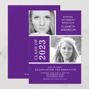 Invitación moderna de dos fotos de graduación púrp