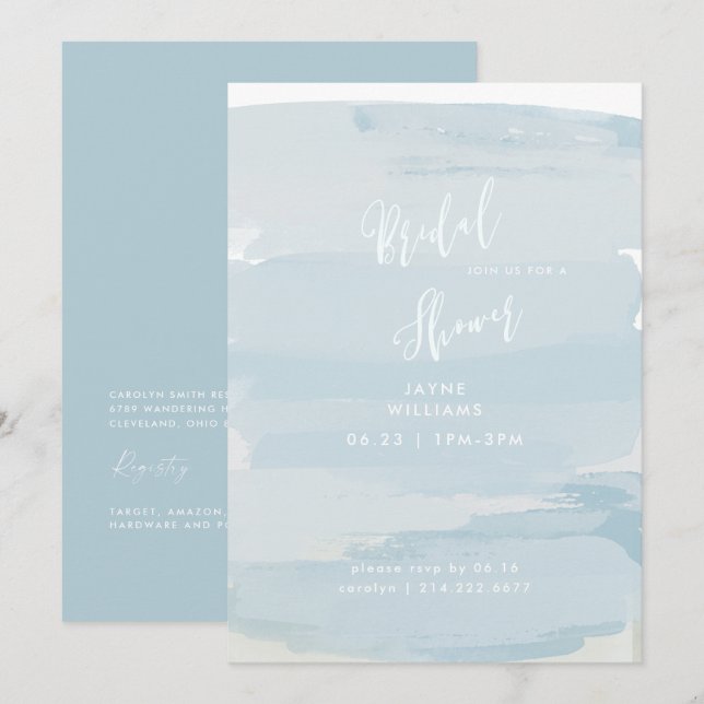 Invitación moderna de ducha nupcial azul y blanca (Anverso / Reverso)