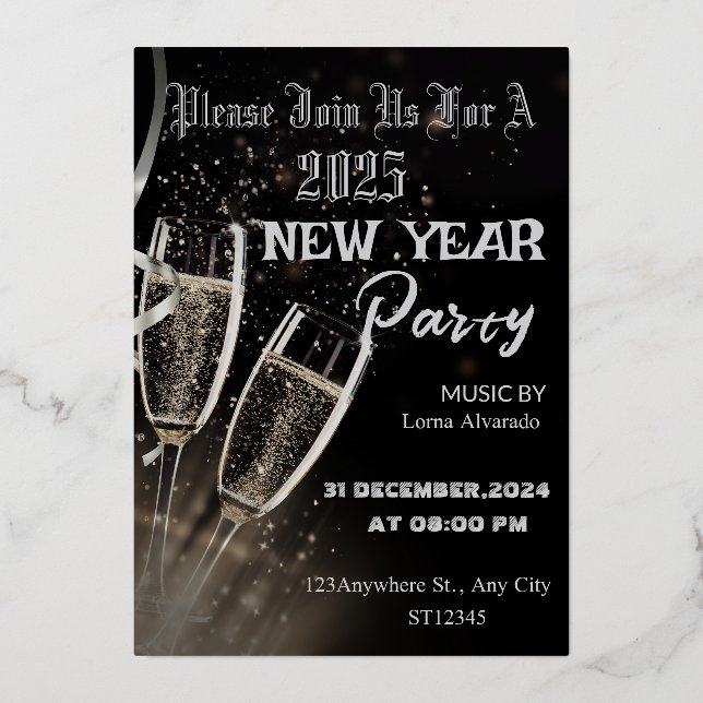 Invitación moderna de fiesta de año nuevo en negro (Anverso)