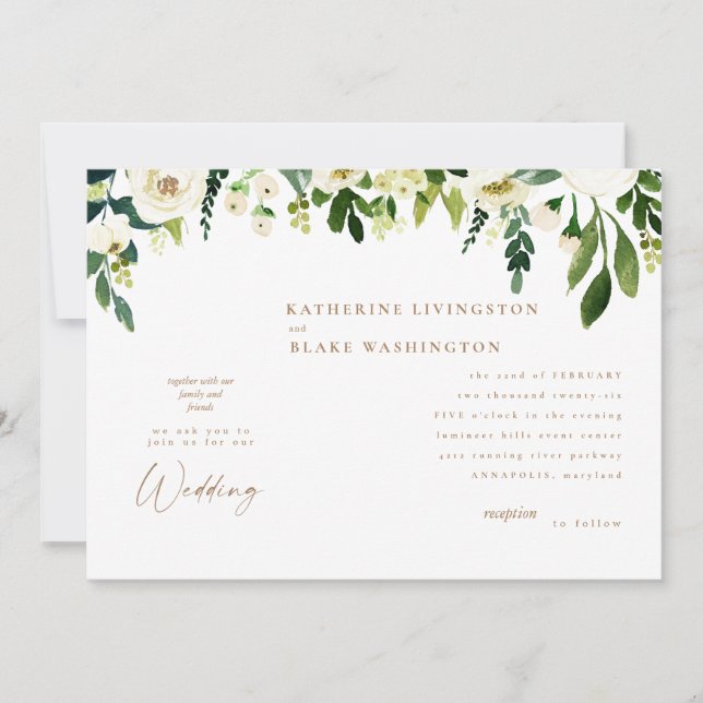 Invitación moderna de Floral blanca y Boda de Oro (Anverso)