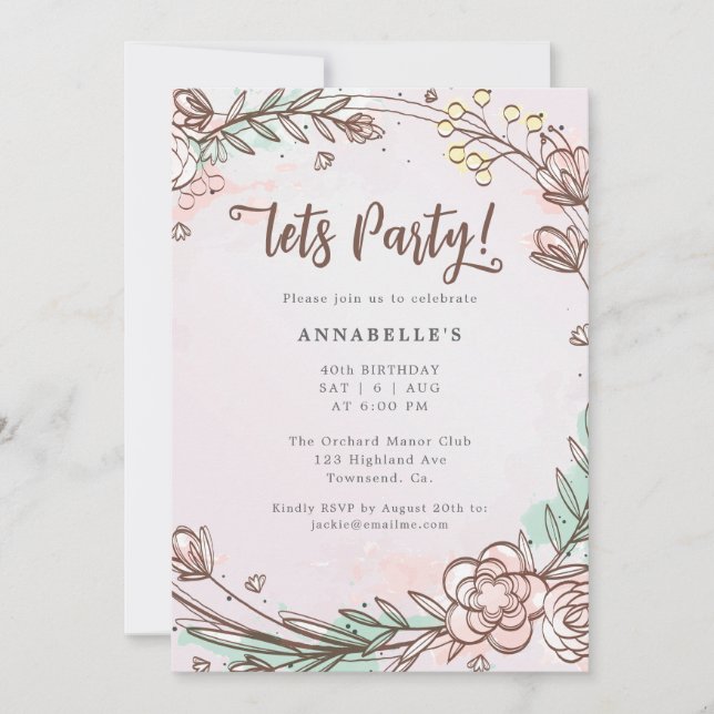 Invitación moderna, de flores rosadas de color pál (Anverso)