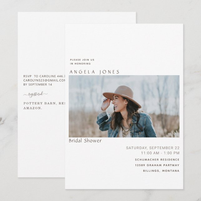 Invitación moderna de foto de novia blanca (Anverso / Reverso)
