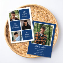 Invitación moderna de graduación con foto azul