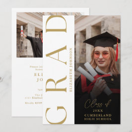 Invitación moderna de graduación con foto en oro
