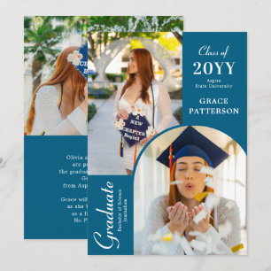 Invitación moderna de graduación en blanco azul fo