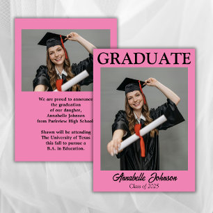Invitación moderna de graduación rosada con foto