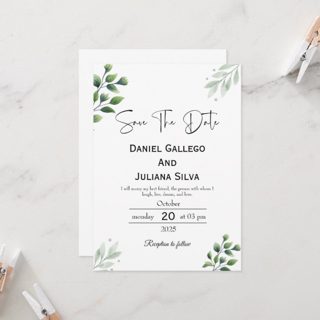 Invitación moderna de greenery para salvar la fech (Anverso/Reverso In Situ)