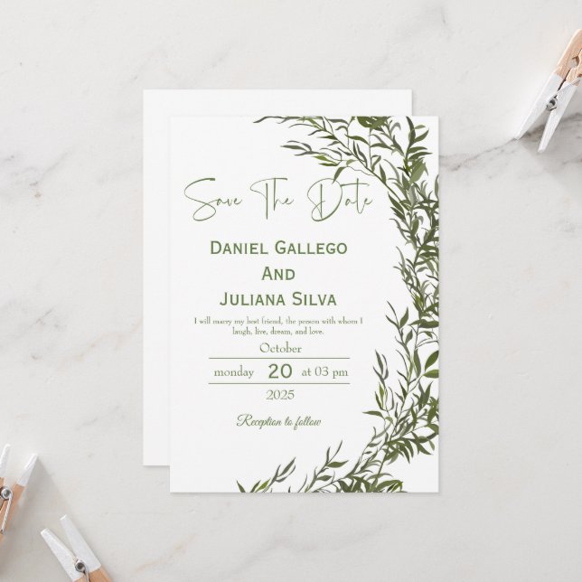 Invitación moderna de greenery para salvar la fech (Anverso/Reverso In Situ)