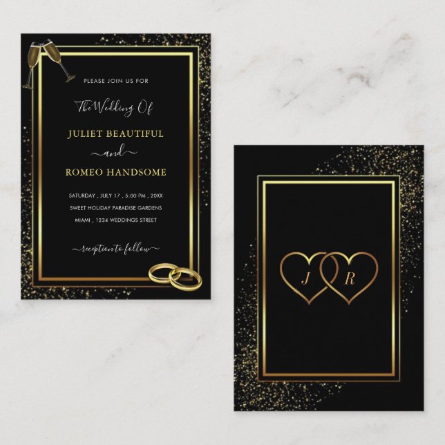 Invitación moderna de la Boda de Oro Negra con Ani (Anverso / Reverso)