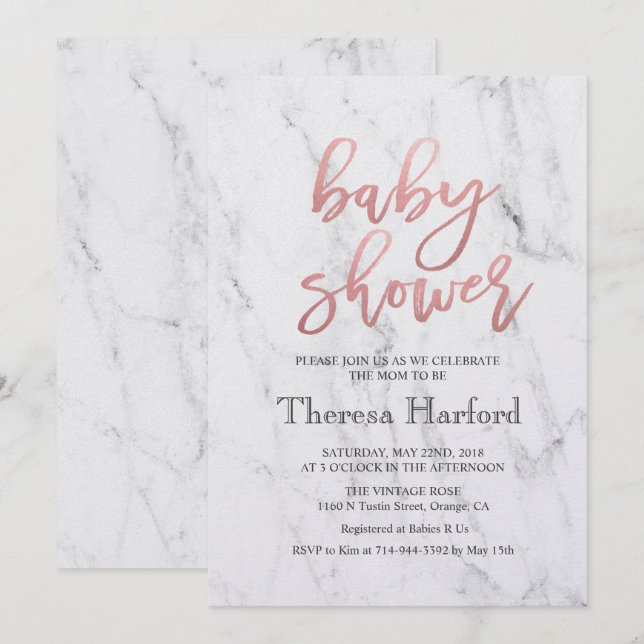 Invitación moderna de mármol para baby shower (Anverso / Reverso)