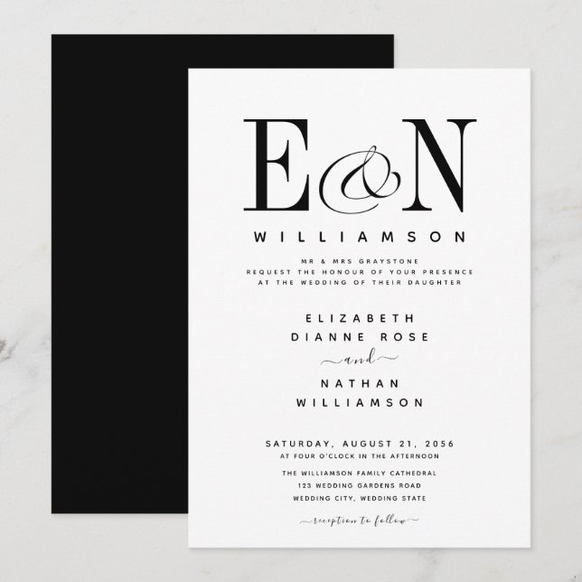 Invitación moderna de matrimonio elegante en blanc (Anverso / Reverso)