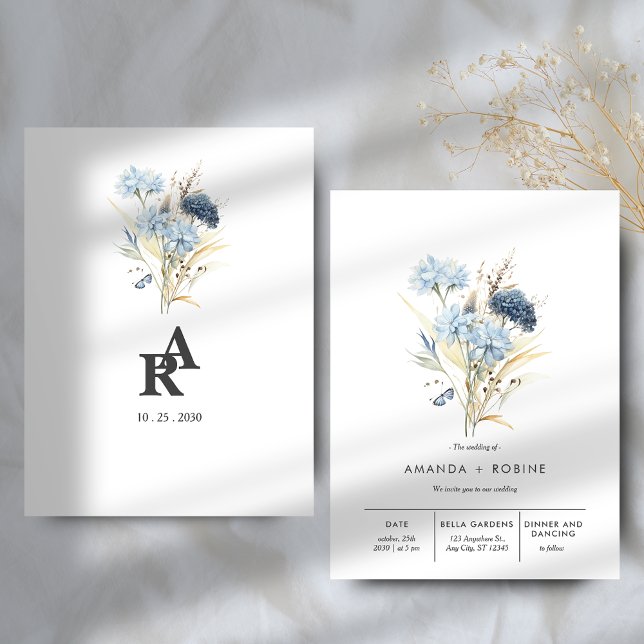 Invitación moderna de matrimonio floral azul mínim (Subido por el creador)