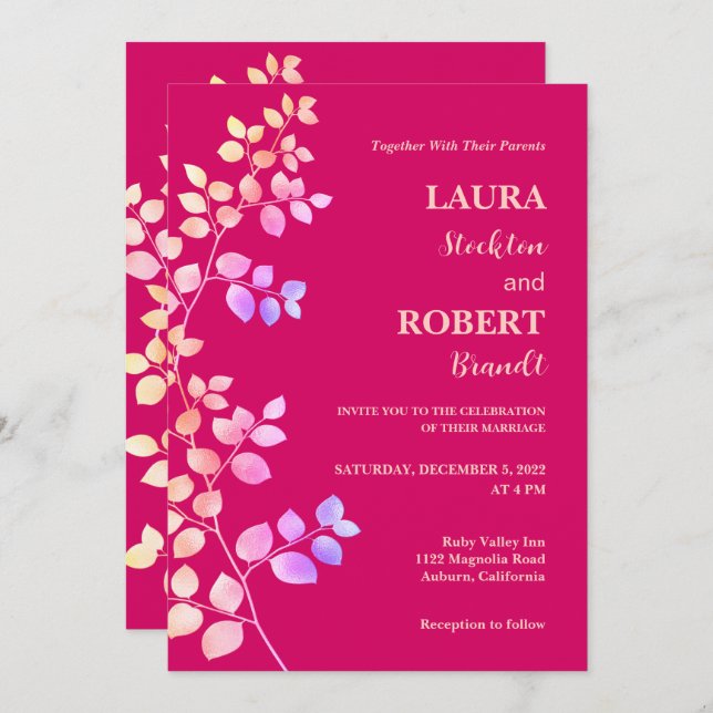 Invitación moderna de matrimonio floral brillante (Anverso / Reverso)