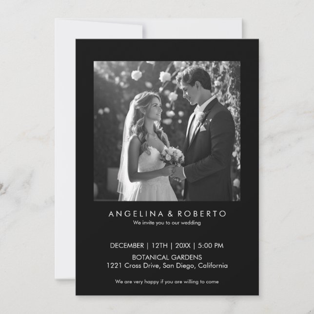 Invitación moderna de matrimonio simple negro con  (Anverso)