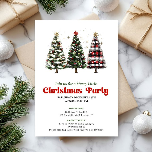 Invitación moderna de Navidad con árbol de búfalo  (Modern red plaid buffalo Christmas tree invite)