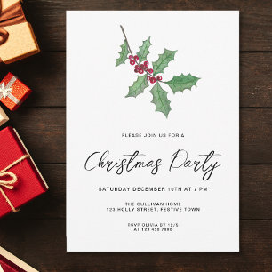 Invitación moderna de Navidad con bayas de acebo p