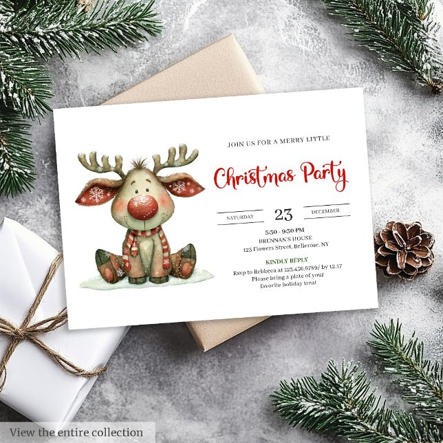 Invitación moderna de Navidad con renos caprichoso (Quirky Reindeer modern watercolor Christmas invitation)