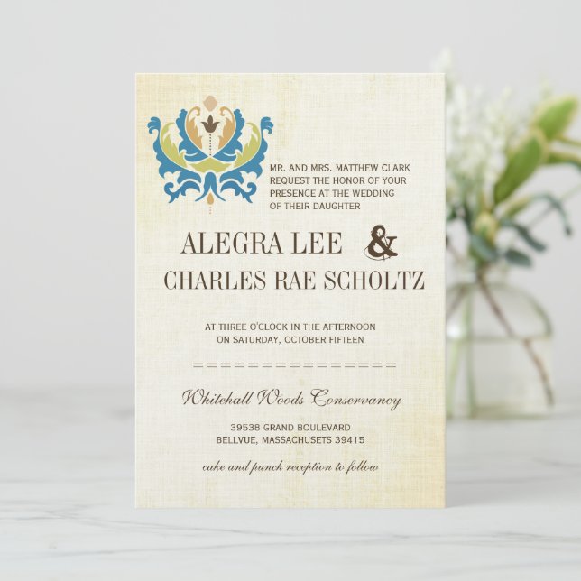 Invitación moderna de pizarra de damasco de verde  (Anverso de pie)