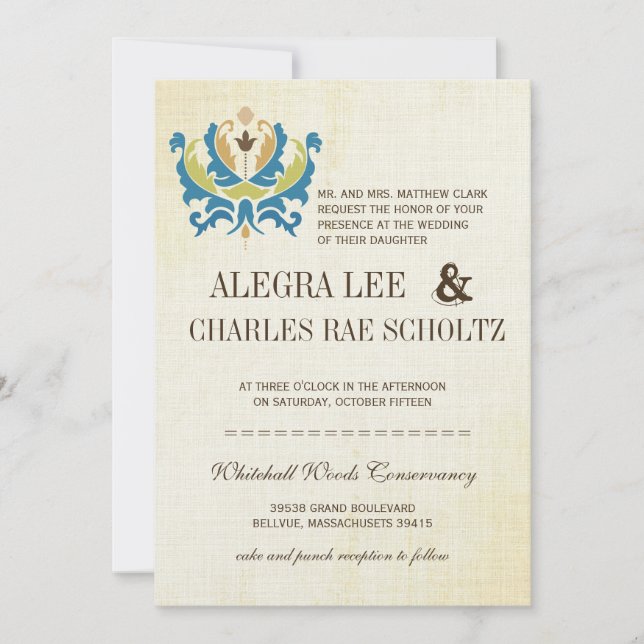 Invitación moderna de pizarra de damasco verde y l (Anverso)