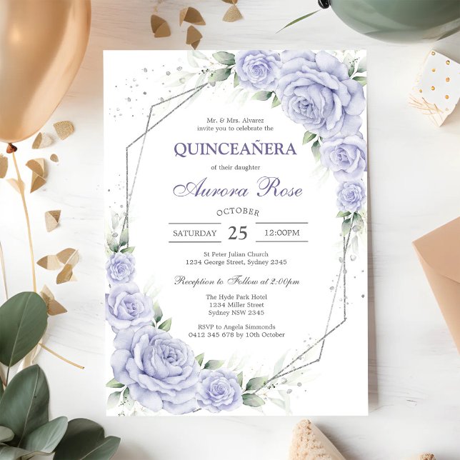 Invitación moderna de quinceañera floral de lila (Subido por el creador)