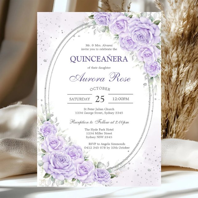 Invitación moderna de quinceañera floral de lila (Subido por el creador)