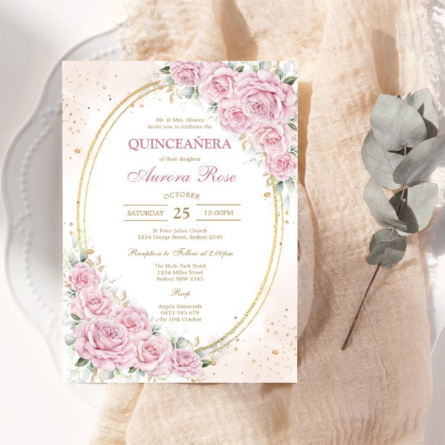 Invitación moderna de quinceañera floral rosa (Subido por el creador)
