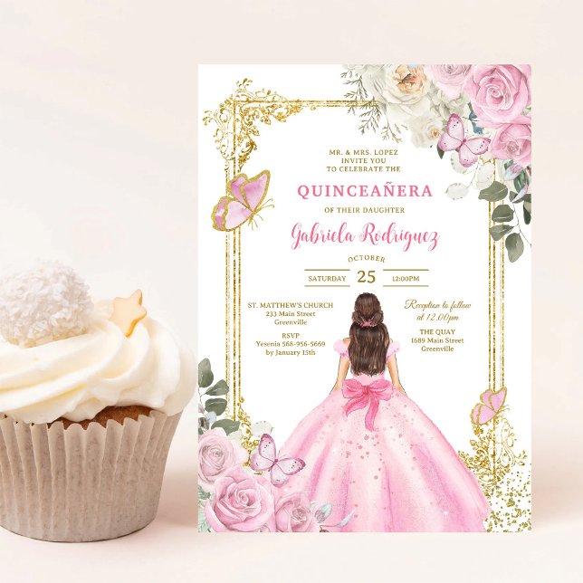 Invitación moderna de quinceañera floral rosa (Subido por el creador)