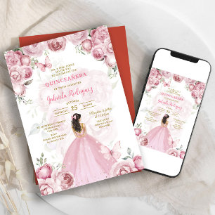 Invitación moderna de quinceañera floral rosa
