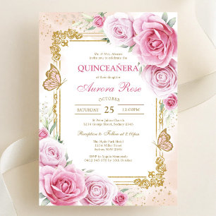 Invitación moderna de quinceañera floral rosa