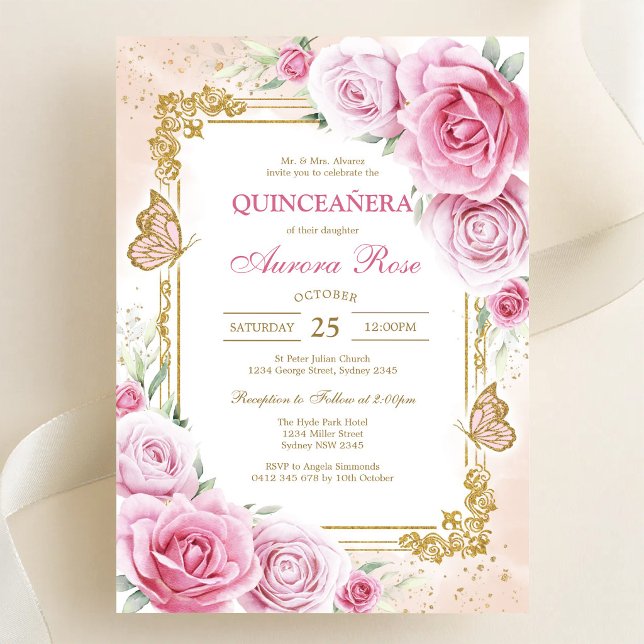 Invitación moderna de quinceañera floral rosa (Subido por el creador)