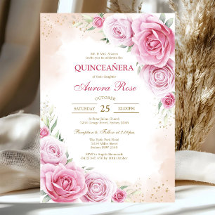 Invitación moderna de quinceañera floral rosa
