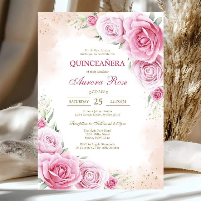 Invitación moderna de quinceañera floral rosa (Subido por el creador)