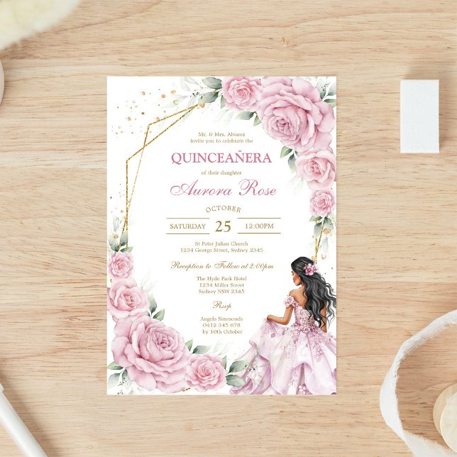 Invitación moderna de quinceañera floral rosa (Subido por el creador)