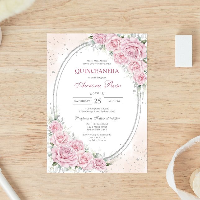 Invitación moderna de quinceañera floral rosa (Subido por el creador)