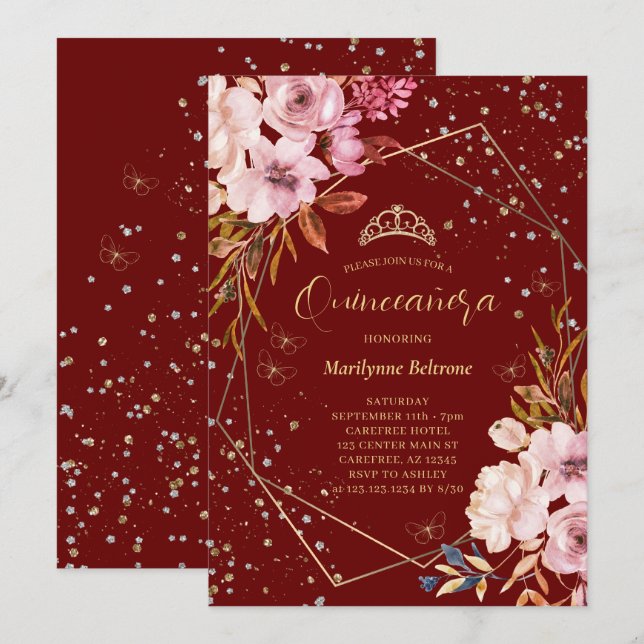 Invitación moderna de Quinceañera Roja Oscura (Anverso / Reverso)