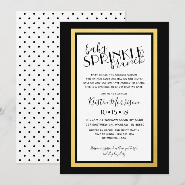 Invitación moderna de rociar a bebé de oro negro (Anverso / Reverso)