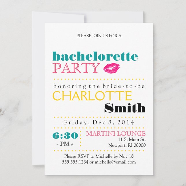 Invitación moderna del fiesta de Bachelorette (Anverso)