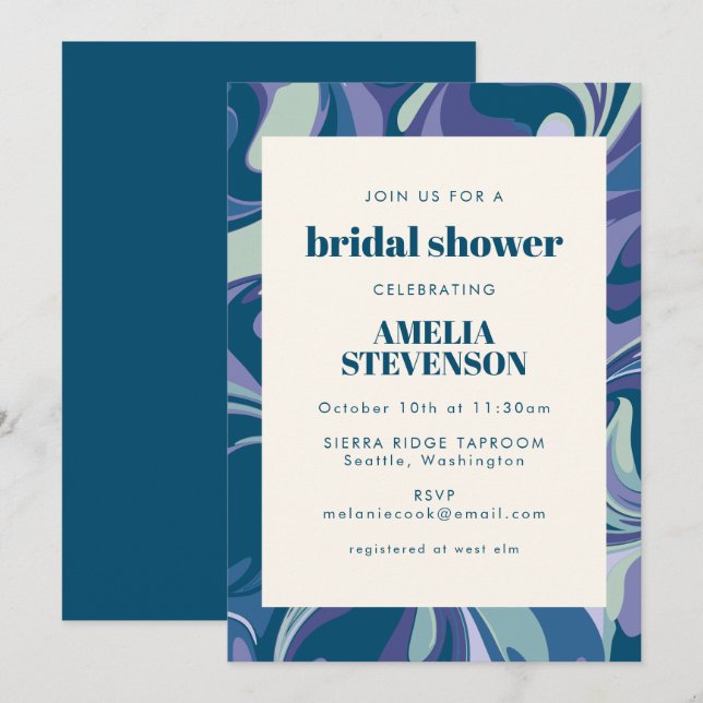 Invitación Moderna descripción azul singular frontera ducha d (Anverso / Reverso)