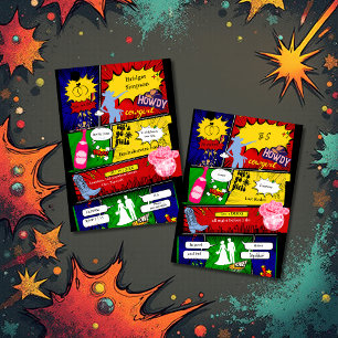 Invitación moderna diversión retro cómic bachelorette cowgirl