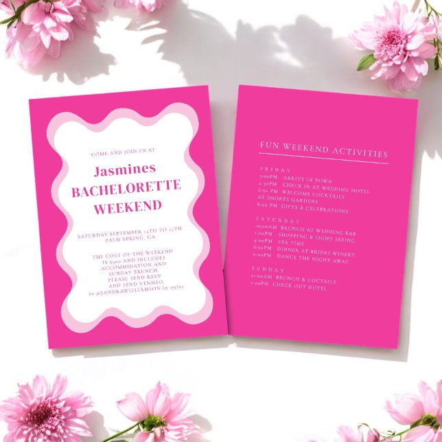 Invitación moderna divertida de despedida de solte (pink wave bachelorette invitation with weekend activites all editable to suite your needs )