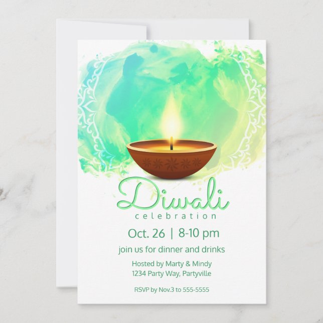 Invitación Moderna Diwali Diya Green Watercolor (Anverso)
