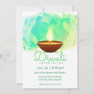 Invitación Moderna Diwali Diya Green Watercolor