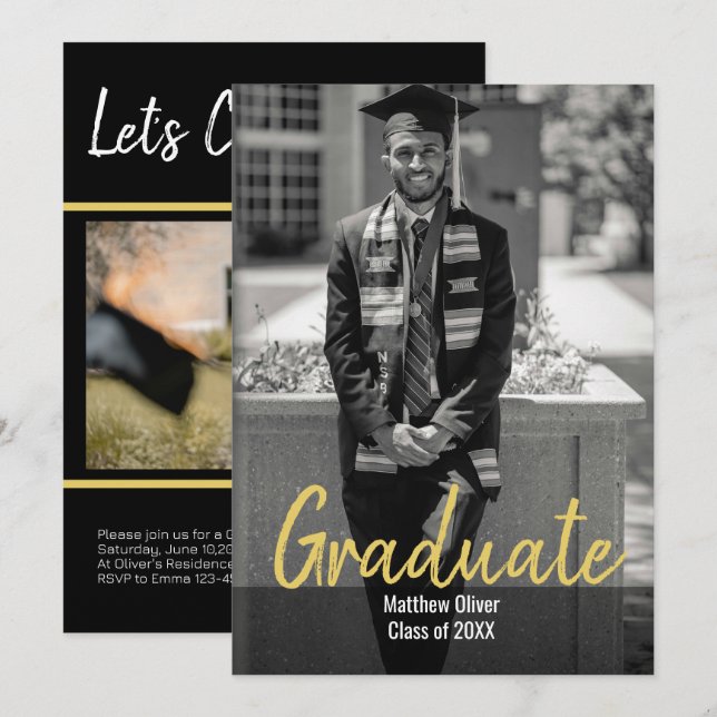 Invitación Moderna dos fotos de graduación en negro y oro (Anverso / Reverso)